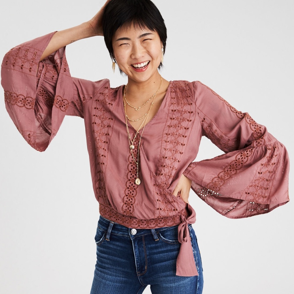 Eyelet Bell-Sleeve Wrap Top